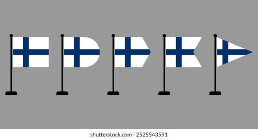 Colección de banderas de la República de Finlandia que ondean en un asta con una selección de diferentes variaciones de forma aisladas sobre un fondo gris, Ilustración vectorial editable y escalable, formato EPS