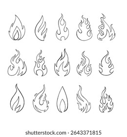Iconos de llama de colección en estilo de arte de línea limpia. Cada diseño de llama varía en forma y flujo, perfecto para su uso en logotipos, ilustraciones, tatuajes o proyectos de Diseño gráfico que simbolizan ener
