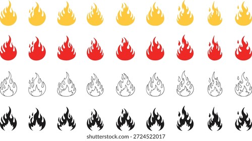 Colección de iconos de llama en varios colores y estilos para el diseño