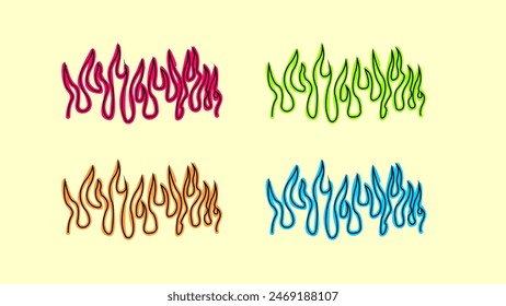 A collection of flame outline designs in four different color variations on a light yellow background. Each set of flames features a unique color scheme: pink, green, brown, and blue.