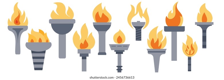 Collection of flame torches in flat style. Torch with flame icons set. Hand drawn vector art.
