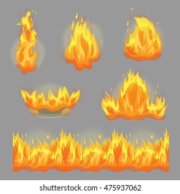 A collection of flaming fire design graphic elements, sparkling hot campfire and seamless fire stripe for game and graphic design.