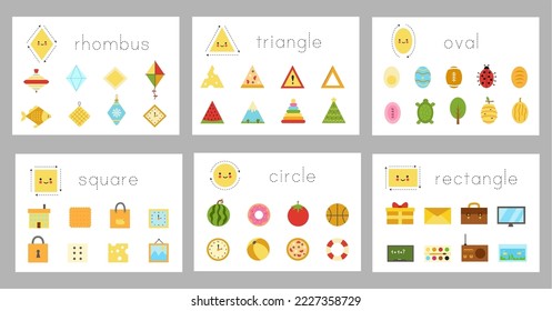 Collection of flashcards for learning basic shapes for children.