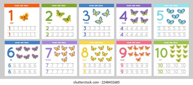 Collection of flashcards for learning numbers for children. Cute and colorful butterflies.