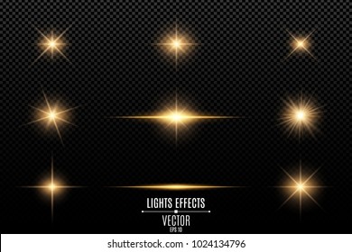 Collection of flashes, lights and sparks. Abstract golden lights isolated on a transparent background. Bright gold flashes and glares. Bright rays of light. Glowing lines. Vector illustration. EPS 10