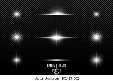 Collection of flashes, lights and sparks. Abstract white lights isolated on a transparent background. Bright white flashes and glares. Bright rays of light. Glowing lines. Vector illustration. EPS 10