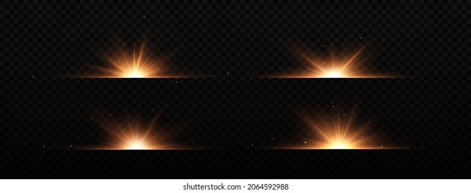 Colección de destellos, luces y chispas. Efectos, resplandor, líneas, brillo, explosión, luz dorada. Llamadas ópticas. Ilustración vectorial. EPS 10