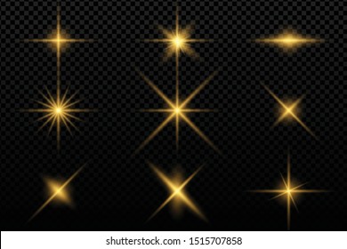 Collection of flashes, lights and sparks. Optical flares. Abstract golden lights isolated on a transparent background. Gold flashes and glares. Vector illustration. EPS 10