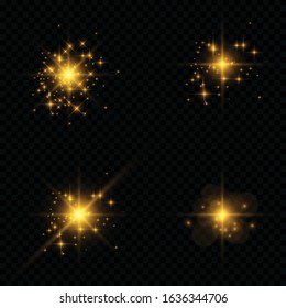 Collection of flashes, lights and sparks. Optical flares. Abstract golden lights isolated on a transparent background. Gold flashes and glares. Vector illustration. EPS 10