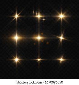 Collection of flashes, lights and sparks. Optical flares. Abstract golden lights isolated on a transparent background. Gold flashes and glares. Vector illustration. EPS 10