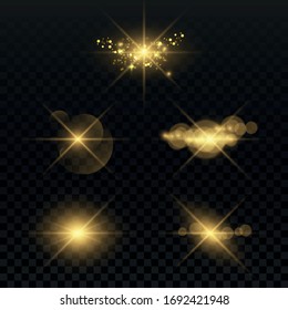 Collection of flashes, lights and sparks. Optical flares. Abstract golden lights isolated on a transparent background. Gold flashes and glares. Vector illustration. EPS 10