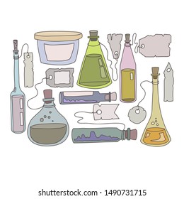 Collection of flasks with unwritten labels. Vector EPS 10.
