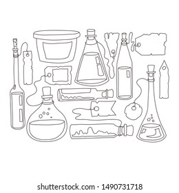 Collection of flasks with unwritten labels. Vector EPS 10.