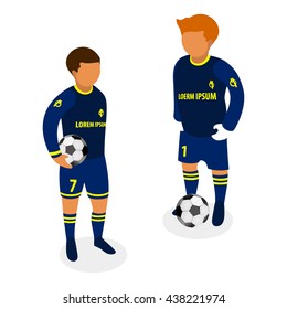 Collection of flat 3d isometric soccer players in different positions.