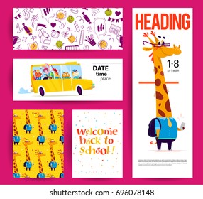 Collection of flat back to school card designs with lettering, animals and seamless backgrounds. Giraffe student standing isolated on white background. Doodle elements and cartoon students.