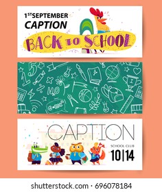 Collection of flat back to school card designs with lettering, animals and seamless backgrounds. Giraffe student standing isolated on white background. Doodle elements and cartoon students.