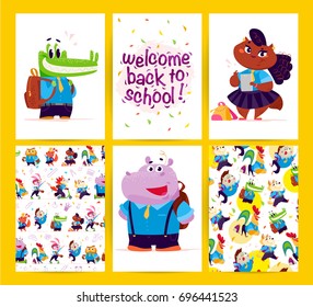Collection of flat back to school card designs with lettering, animals and seamless backgrounds. Giraffe student standing isolated on white background. Doodle elements and cartoon students.