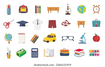 Collection of flat back to school icons, Cartoon education supplies icon set, learning and teaching illustration design template elements, knowledgeforall

