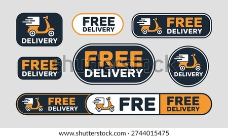 Collection of flat and badges for free delivery services featuring scooters keywords