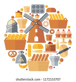 Collection of flat bakery icons. in the form of a circle Vector illustration