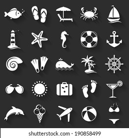 Collection of flat beach and seaside icons. Vector illustration.