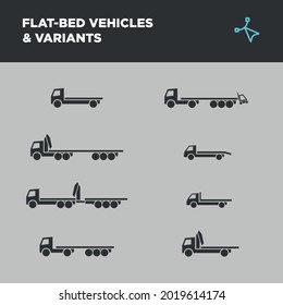 Collection of flat bed trucks, lorries and vans icons with crane and trailer variations with moffat