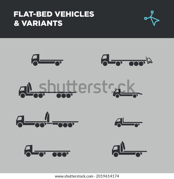 Collection of flat bed trucks,
lorries and vans icons with crane and trailer variations with
moffat