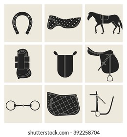 Collection of flat black icons of equipment for horse. Saddle, horse shoes, bridle, snaffle, sweat cloth, gel, foot protection.