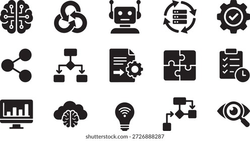 Collection of flat black icons for machine learning and smart tech.