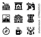 Collection of flat black icons representing mountain tourism, hiking, camping, and outdoor adventures, including cabins, fireplace, backpack, and wildlife.