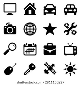 Collection Of Flat Black Icons Representing Various Objects And Concepts