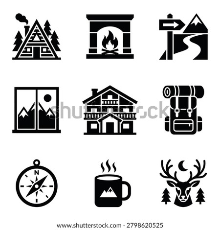 Collection of flat black icons representing mountain tourism, hiking, camping, and outdoor adventures, including cabins, fireplace, backpack, and wildlife.