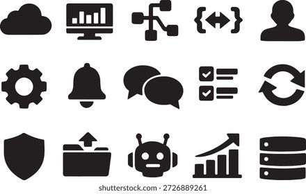 Colección de iconos planos negros para SaaS y desarrollo de software.