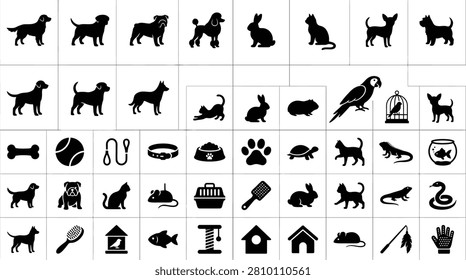 Collection of flat black silhouette icons representing various domestic pets and animal care products including dog breeds, cats, birds, reptiles, fish, toys, and grooming supplies.