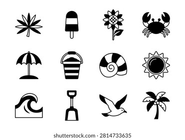 Collection of flat black summer icons showing beach sea sun and tropical symbols