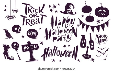 Collection of flat black vector halloween traditional decoration elements isolated on white background lettering, spiders, pumpkin, skull. Good for party invitation, flyer, poster, packaging designs.