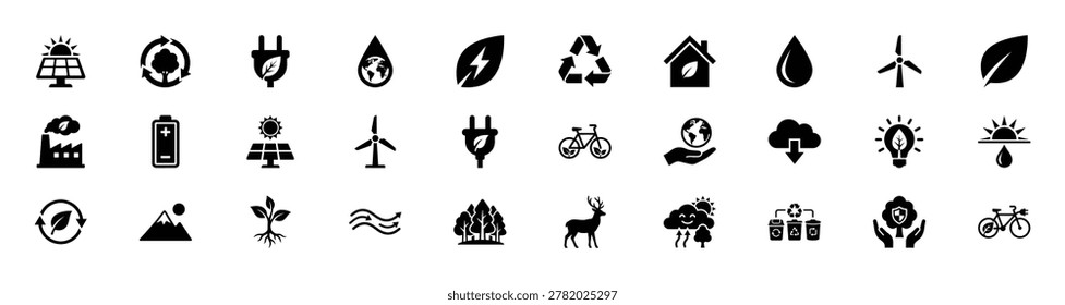 A collection of flat black vector icons depicting various environmental, ecological, and renewable energy concepts, including nature, recycling, and sustainability symbols.