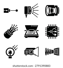 A collection of flat black vector icons representing optical sensors, fiber optic cables, scanners, microchips, projectors, and camera lens technology.