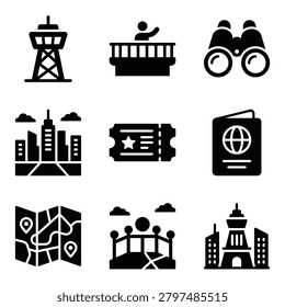 A collection of flat black vector icons representing travel, tourism, and sightseeing, featuring landmarks, navigation tools, and travel documents.