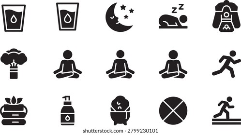 A collection of flat black vector icons representing healthy habits, wellness, fitness, nutrition, sleep, and hygiene, isolated on a white background.