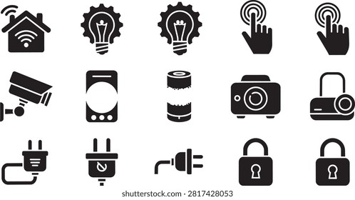 Collection of flat black vector icons representing smart home technology, home automation, security systems, connectivity, and electrical devices.