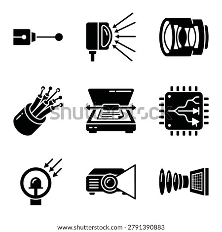 A collection of flat black vector icons representing optical sensors, fiber optic cables, scanners, microchips, projectors, and camera lens technology.