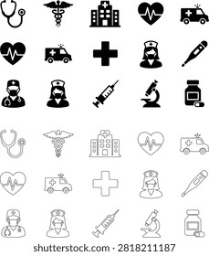 A collection of flat, black and white medical icons depicting various healthcare elements, notably featuring a distinctive silhouette style.