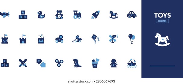 A collection of flat blue toy icons on a white background depicts various playthings for children and recreation.