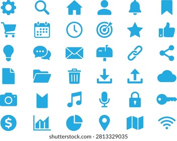Collection of flat blue user interface icons for digital applications