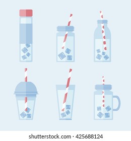 Collection of flat bottles, mason jars, plastic cup and glass with straws and ice cubes. Vector illustration. 