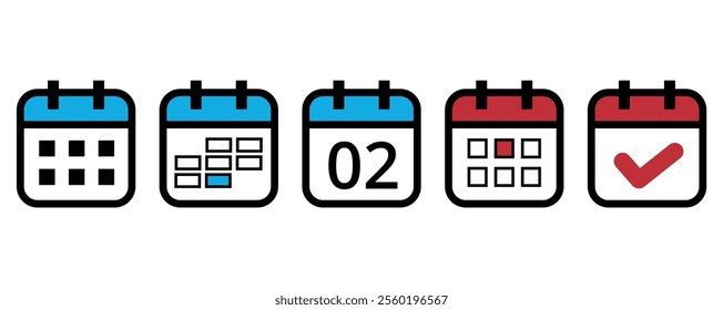 Collection of flat calendar icons in different formats and colors for websites and graphic resources, calendar icon with specific day marked on day 02.