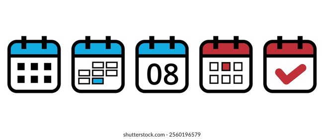 Collection of flat calendar icons in different formats and colors for websites and graphic resources, calendar icon with specific day marked on day 08.