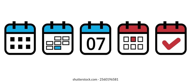 Collection of flat calendar icons in different formats and colors for websites and graphic resources, calendar icon with specific day marked on day 07..