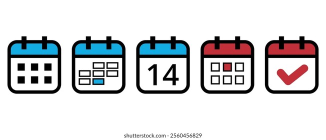 Collection of flat calendar icons in different formats and colors for websites and graphic resources, calendar icon with specific day marked on day 14.